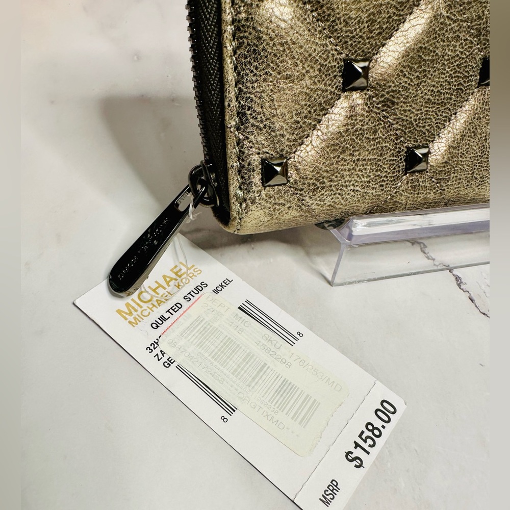 NEW! Michael Kors Distressed Quilted Dark Gray Nickel Leather & Stud Long Wallet - Picture 14 of 14